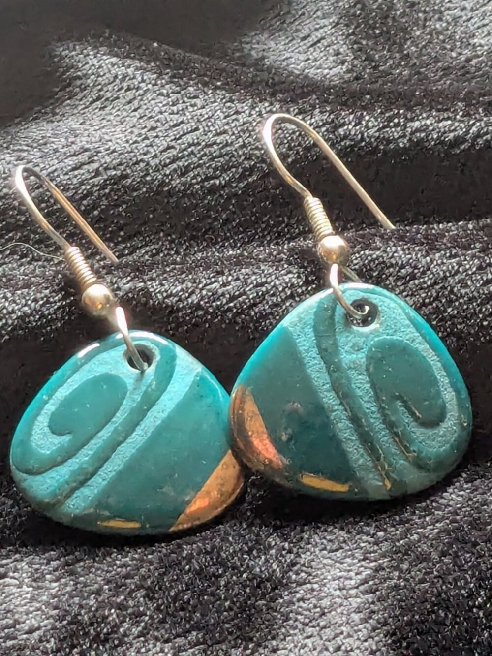 Artisan Teal Ceramic Spiral Earrings Gold Leaf Glaze Boho Drop Dangle Handmade